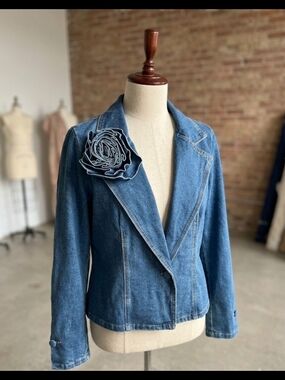 Denim Blazer Jacket with Floral Accent - Blue